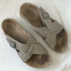 BIRKENSTOCK Criss Cross Slide Leather Sandals - Size 12